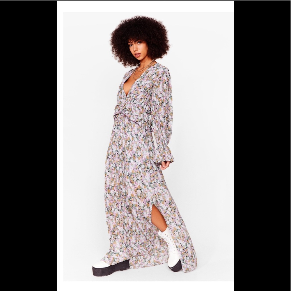 Pleated Floral Maxi Smock Dress